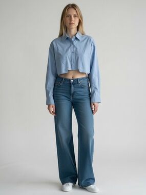 Stella Dallas Oversized Boxy Crop Top Size L Blue Patch Pocket Button Up Preppy